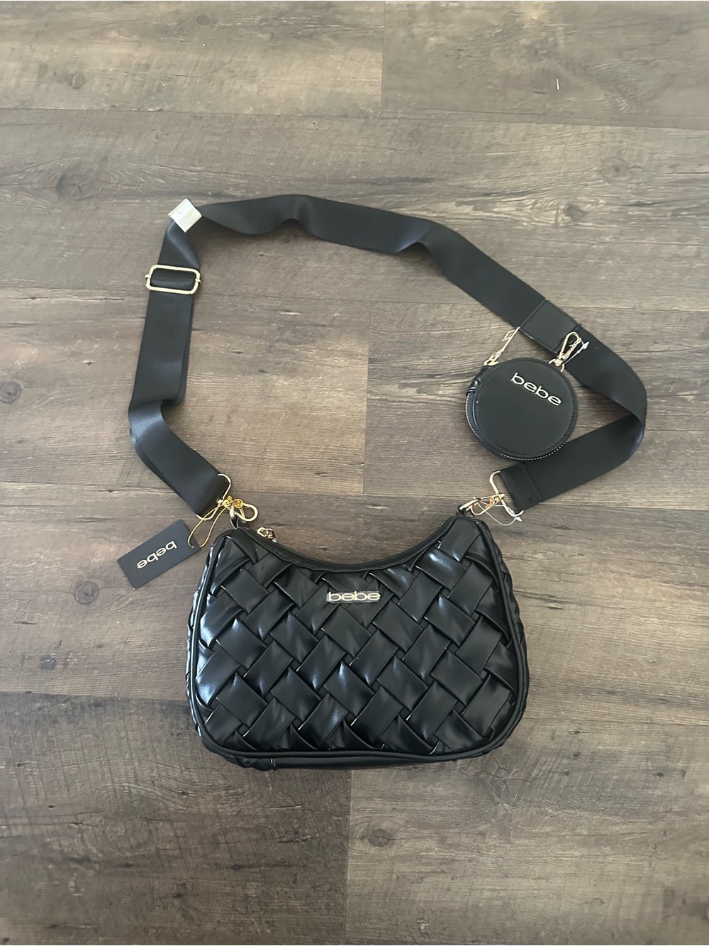 bebe Black Woven Crossbody with Coin Pouch NWT